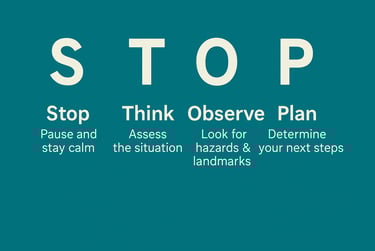 STOP acronym graphic for survival decision making: stop, think, observe, plan under pressure