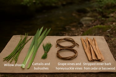 Wild cordage sources including willow cattails grapevines and cedar inner bark