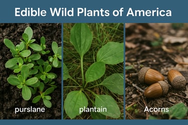 Edible wild plants guide showing purslane plantain and acorns for identifying safe food sources in the wild
