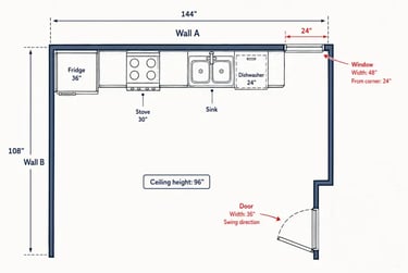 Example top-view kitchen sketch showing wall dimensions, door swing, window placement, appliances an