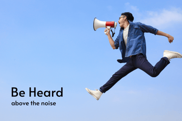 Man leaping through sky shouting out his audio commercial with a megaphone 