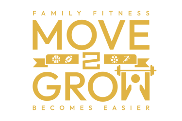 Logo della palestra Move 2 Grow con il testo 'Family Fitness - Move 2 Grow - Becomes Easier' in colore dorato e icone sportiv