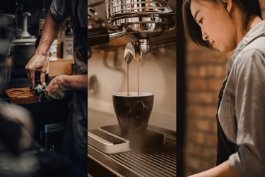 a woman is pouring coffee into a cup of coffee