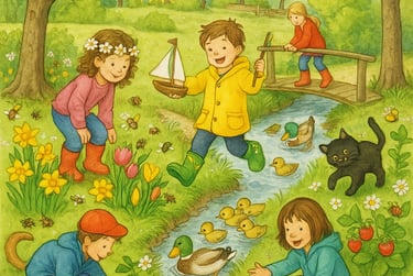 Wimmelbild Frühling mit Kindern, Tieren und Natur für Sprachförderung