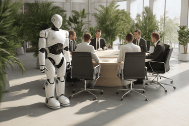 A humanoid robot stands beside business professionals in a modern office, symbolizing AI and automat