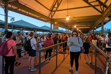 Crowded Disney Springs bus queue under a covered station with guests waiting in long lines.