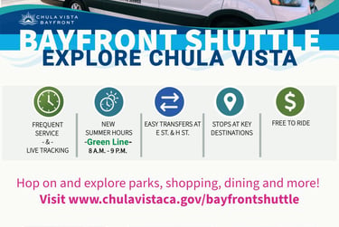 New summer hours are here for the Bayfront Shuttle’s Green Line! Explore Chula Vista with free, easy