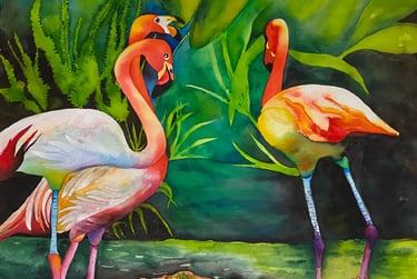 Brightly colored tropical birds in oranges, reds, yellows and blues in a shimmering garden pond
