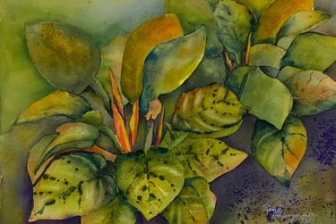 Cluster of broad tropical leaves in emerald, lime, orange and blues in a misty rainforest scene