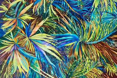 Vivid tropical foliage of turquoise, lime, gold and rust overlap like a palm tree playing peacock