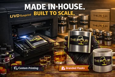 In-house drinkware production showing branded mugs and bar items created for venue merchandise deployment