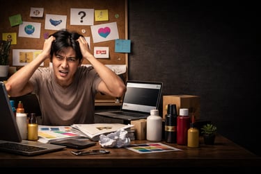person frustrated at desk with branding materials and notes