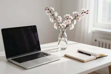 A minimalist home office setup with a sleek laptop, a linen notebook, and a delicate branch of cherry blossoms in a glass vase. Bright, soft morning light fills the room. Calm and elegant aesthetic. International / English-speaking professional context.