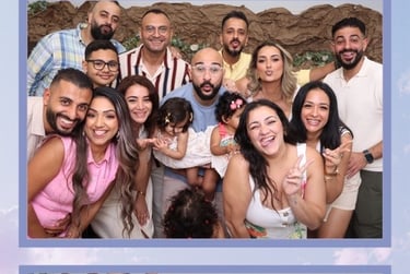 A festive photo strip of a Coptic Orthodox church group celebrating Easter 2026 with the text He is Risen.