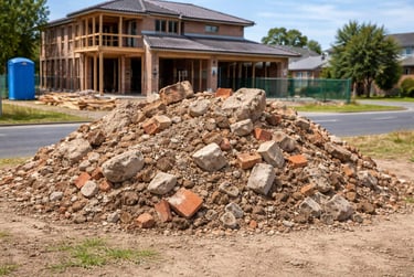 pile of dirt, bricks, concrete, rocks on a block of land in a suburban street with a house being built in the background