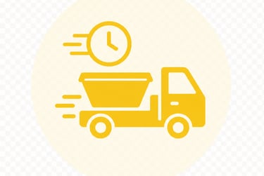 yellow skip trick delivering a skip bin there is a stopwatch ticking above the truck indicating fast same day delivery