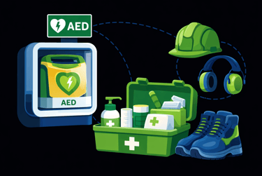 Equipements de sécurité - EPI - Défibrillateur - Trousse de secours