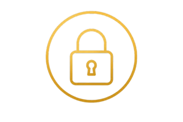 Gold outline of a padlock inside a circle on a black background representing security and privacy.