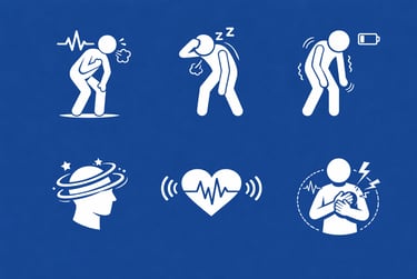 Infografía que muestra los síntomas físicos de fatiga, mareos y palpitaciones cardíacas