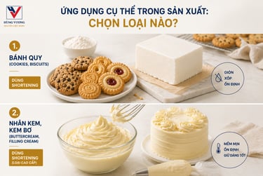 Ứng dụng Shortening trong sản xuất bánh quy, bánh cookies, nhân kem và kem bơ giúp tạo độ giòn xốp, 
