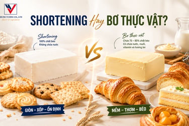 Infographic so sánh Shortening và bơ thực vật (margarine) trong ngành thực phẩm. Phân biệt thành phầ