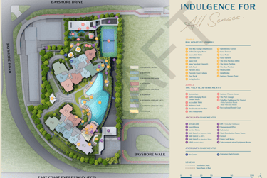 Site plan map of luxury condominium showing residential blocks, swimming pools, and amenities near Bayshore Road.