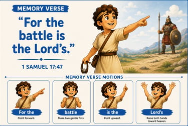 Bible memory verse illustration of David and Goliath with hand motions for 1 Samuel 17:47.