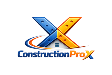 ConstructionProX logo featuring a metallic blue and orange X over a house icon for home building services.