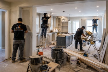 ConstructionProX contractors performing a kitchen remodel with drywall sanding and carpentry work.