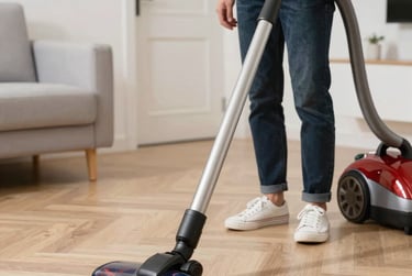 Professional house cleaning service team dusting furniture and vacuuming a living room.