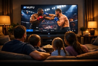 A family watches a live MMA fight on a large smart TV using the Nufu streaming service app.