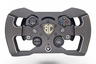Custom carbon fiber racing wheel for Xbox sim racing setups with premium grips and buttons.