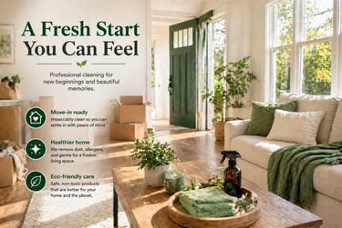 Professional move-in cleaning service for a bright, sunlit living room with eco-friendly products.