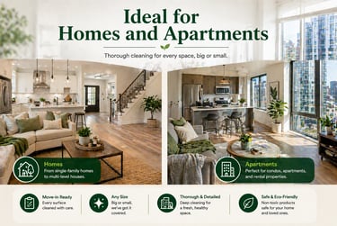 Professional home and apartment cleaning services shown in a modern living room and high-rise condo.
