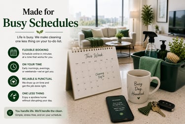 Professional home cleaning service advertisement featuring a weekly calendar, cleaning supplies, and a cozy living room.