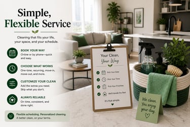 Professional house cleaning service advertisement featuring a checklist and cleaning supplies in a modern home.