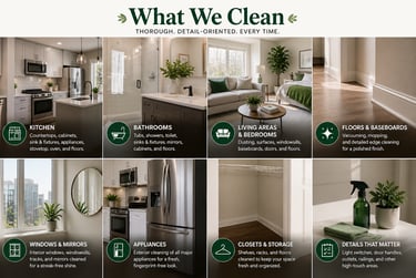 Professional house cleaning service checklist showing clean kitchen, bathroom, living room, and bedroom areas.