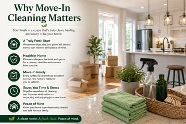 Professional move-in cleaning services infographic showing benefits like deep cleaning and a fresh start.