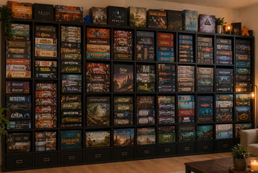 Collection de jeux de société rangés dans une ludothèque, à l’origine de BoardGame 3D Insert