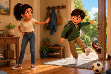 Animated boy excitedly kicking a soccer ball into the house as a concerned girl watches him.