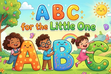 Happy diverse kids hugging colorful ABC alphabet letters in a sunny park illustration for early learning.