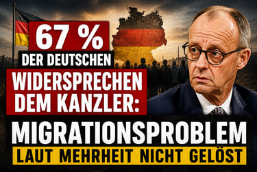 Friedrich Merz next to a German flag and text about migration policy and chancellor criticism.