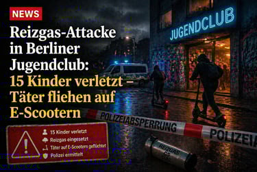Police cordoned off a Berlin youth club at night after a tear gas attack with suspects fleeing on e-scooters.