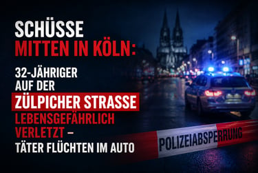 Police car with flashing lights at a crime scene in Cologne, Germany, with German news text about a shooting.