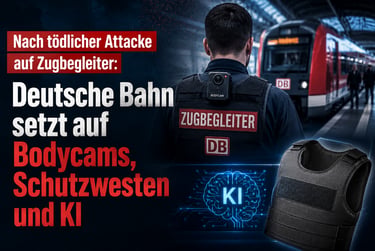 Deutsche Bahn security measures showing a train conductor with bodycam and protective vest.