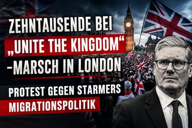 Keir Starmer over a London Unite the Kingdom protest march with British flags near Big Ben.