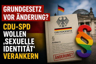 German Basic Law Grundgesetz book with rainbow paragraph symbol near the Reichstag building.