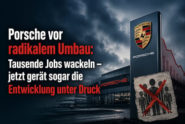 A Porsche dealership under a stormy sky with text about job cuts and restructuring in the automotive industry.