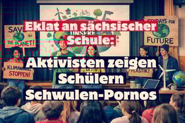 Climate change activists presenting on stage in a school with Fridays For Future posters.