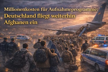 Crowd of Afghan refugees boarding a plane guarded by police with German text about migration costs.